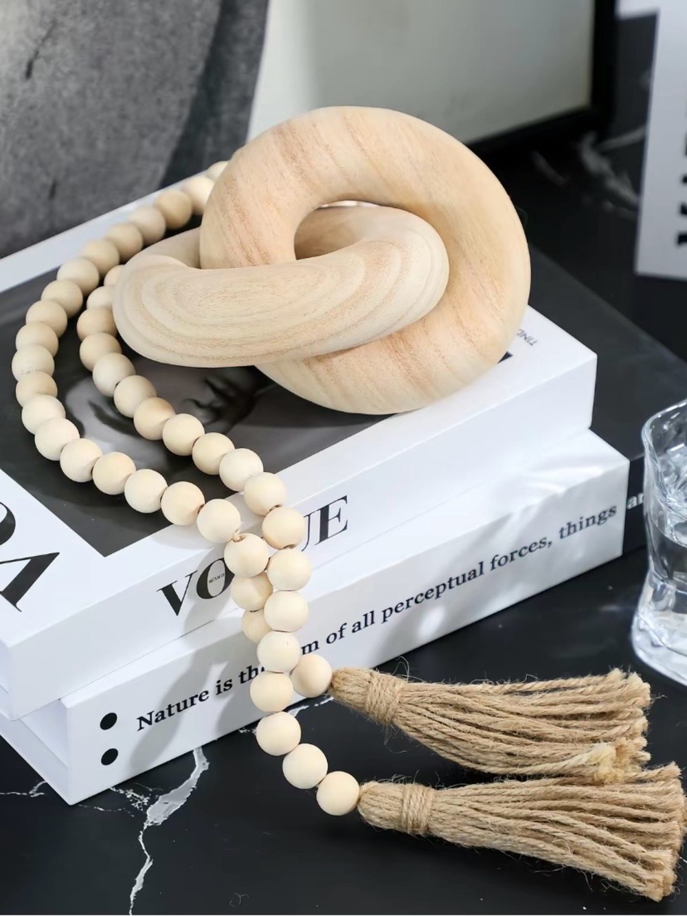 Coffee Table Wood Knot & Wooden Bead Garland with Tassels Set
